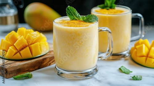 Refreshing Mango Smoothies Served in Glasses With Fresh Mint Garnish and Mang...