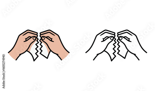Hands Tear Paper in Half Symbolizing Division or Conflict Flat Vector Illustration