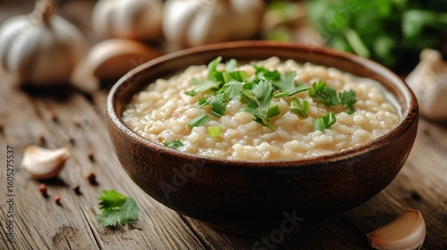Creamy Risotto With Garlic and Fresh Herbs in Rustic Bowl on Wooden Table