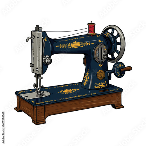 Vintage sewing machine with gold detailing and wooden base. Vector illustration