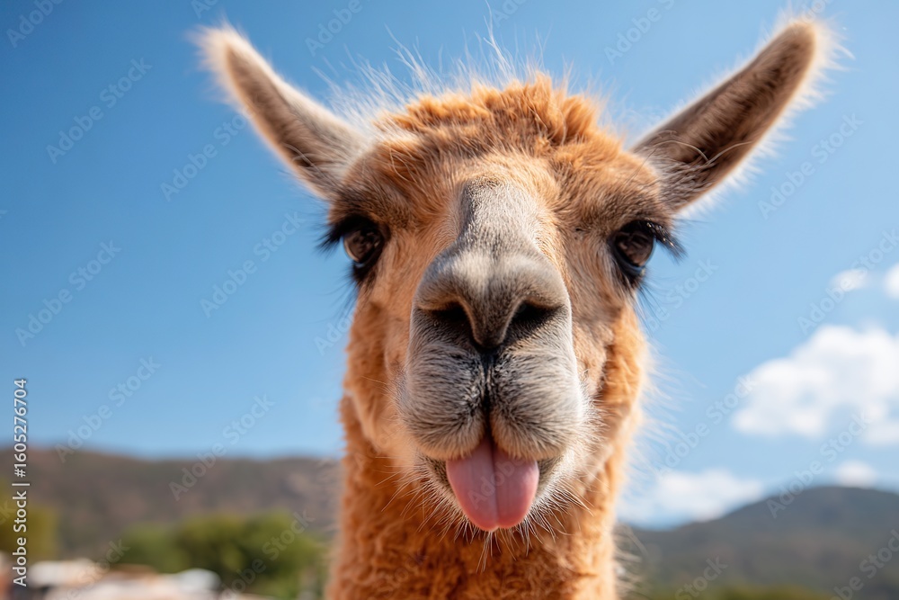 Obraz premium Llama playfully sticking its tongue out while posing for a close-up shot