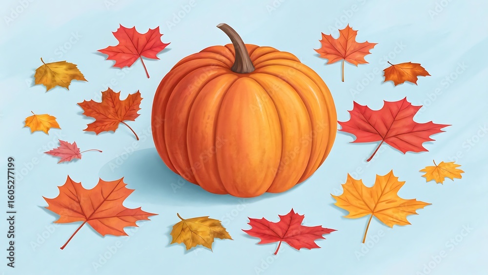 Naklejka premium Vibrant orange pumpkin surrounded by a circle of colorful falling autumn maple leaves