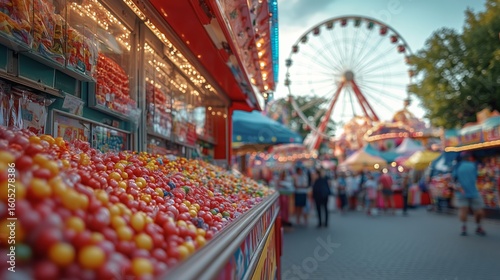 Colorful Candy Stand at a Lively Fair With a Ferris Wheel in the Background D...