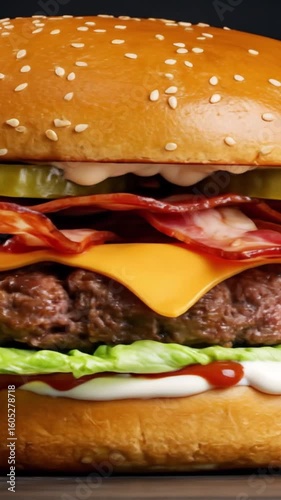 Juicy Cheeseburger with Lettuce, Tomato, and Melted Cheese in a Toasted Bun – Classic American Fast Food Favorite Served Hot and Fresh.