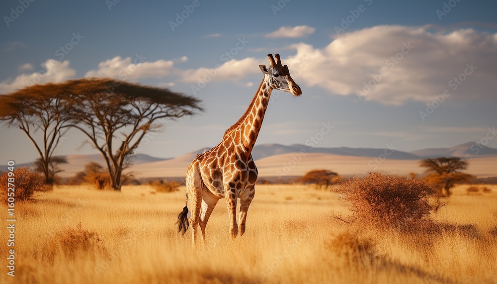 Obraz premium grandeur of giraffe gracefully traversing expansive african savanna encapsulates ethereal essence of golden grasslands boundless horizons and breathtaking magnificence of this emblematic african c