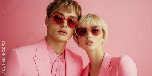 Couple Poses in Matching Pink Outfits and Sunglasses Against a Soft Pink Back...