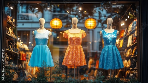Elegant Dresses Displayed in Boutique Window at Dusk in the City.