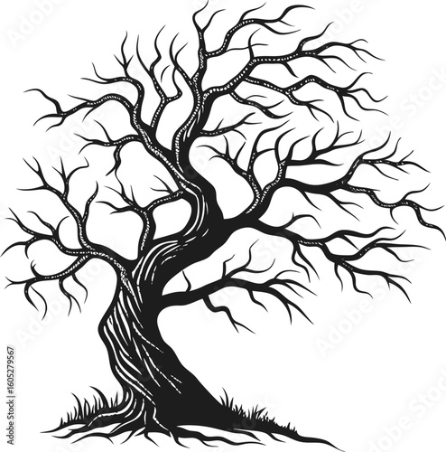 A vector silhouette illustration of a single black tree with intricate roots and branches, perfect for 