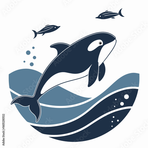 Vector art of an orca whale leaps from the ocean waves with fish swimming nearby