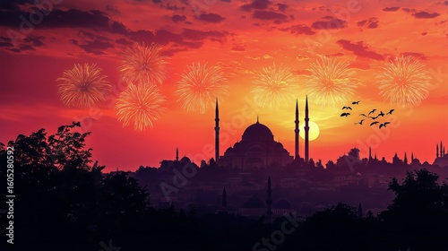 Colorful Fireworks Illuminate the Sky Above a Grand Mosque During a Festive C...