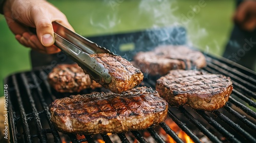 Perfectly Grilled Steaks on a Barbecue During a Sunny Outdoor Gathering in th...