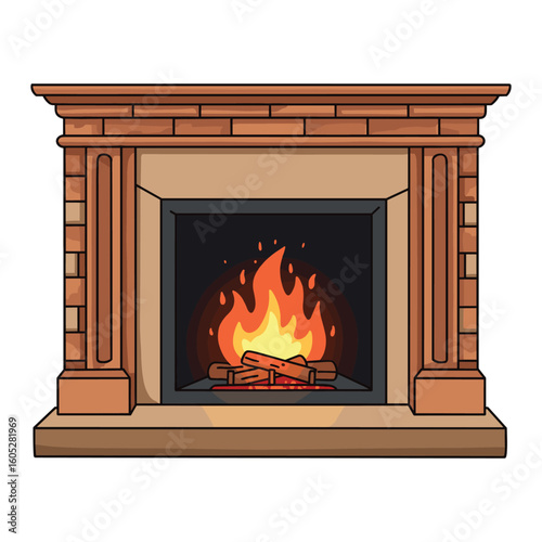Cozy brick fireplace with burning logs and flames in traditional hearth design. Vector illustration