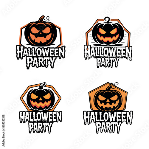 Four Halloween Party Logos with Jack O Lanterns pumpkin