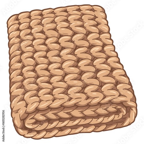 Chunky knit beige throw blanket with thick yarn and cozy texture folded. Vector illustration