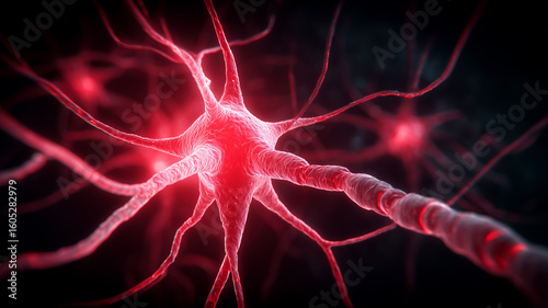 A glowing red neuron with a long axon fires intensely across the dark background.
The image communicates pain signaling disease study and energetic transmission inside the nervous system.