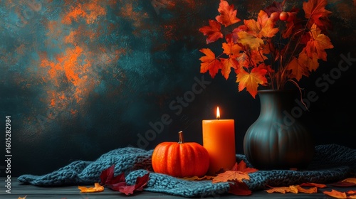Beautiful Autumn Decor With Pumpkins and Colorful Leaves Near a Window on a C...