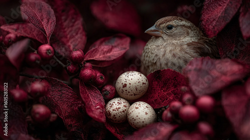 Nestled bird with speckled eggs surrounded by vibrant foliage in nature's embrace