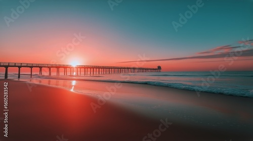 Sunset Over the Ocean With Pier Silhouette and Gentle Waves at the Beach