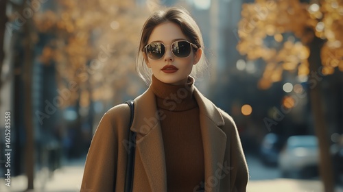 Stylish Woman in Sunglasses Wearing a Camel Coat Walking on a Sunny Autumn Da...