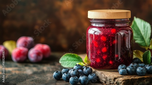 Delicious Homemade Blueberry and Raspberry Jam in a Jar With Fruits on Wooden...