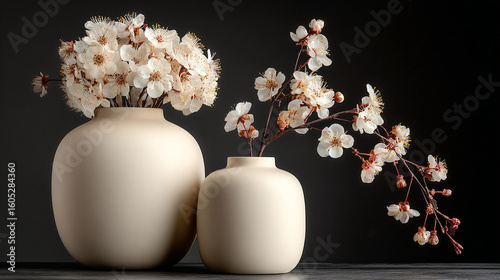 Beautiful cherry blossom arrangement in elegant vases on dark background