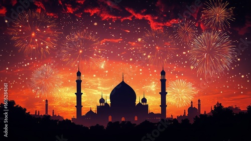 Colorful Fireworks Illuminate the Sky Above a Grand Mosque During a Festive C...