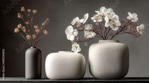 Elegant arrangement of decorative vases with flowers on a dark background