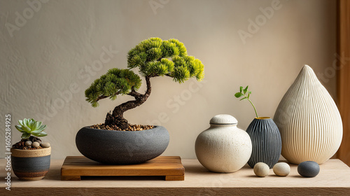 Beautiful bonsai tree centerpiece with unique ceramic pots and elegant decor