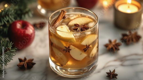 Warm Spiced Apple Drink Served in Glass With Apples and Cinnamon Sticks Durin...
