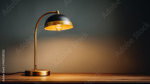 Interior lamp illuminates a wooden table in a cozy setting during evening hours