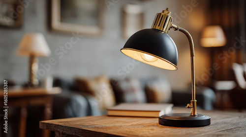 Stylish table lamp illuminating a cozy living room setting in warm evening light
