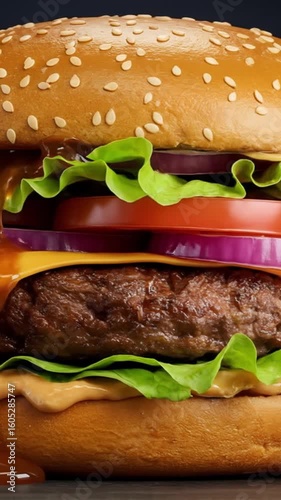 Juicy Cheeseburger with Lettuce, Tomato, and Melted Cheese in a Toasted Bun – Classic American Fast Food Favorite Served Hot and Fresh.