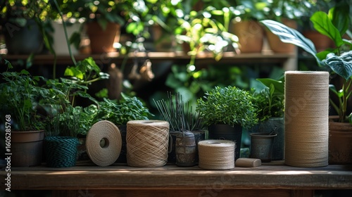 Natural Fibers and Gardening Supplies on a Wooden Table Surrounded by Lush Gr...