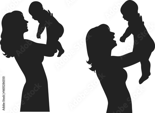 Silhouettes set Collection of mom and dad holding their children. Family walking and playing together with kids vector silhouette. mother, baby, children, holding, silhouette, tender, lifting, caring