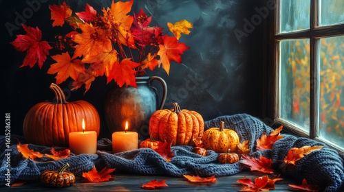 Beautiful Autumn Decor With Pumpkins and Colorful Leaves Near a Window on a C...