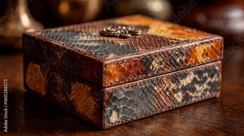 Decorative snake skin box with intricate design on wooden surface
