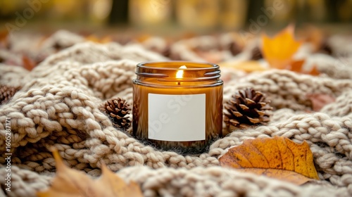 Cozy Candle on a Fall Blanket With Leaves and Pinecones at Sunset in a Tranqu...