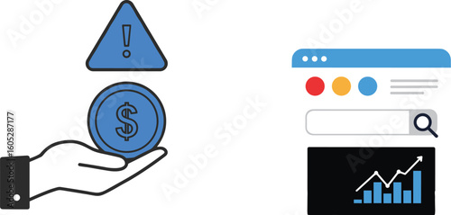 Online financial risk detection icon, coin with warning symbol, browser window, economic alert, search bar, investment caution, financial data, security concern, money tracking