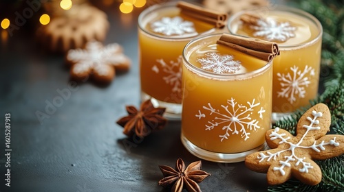 Festive Holiday Drinks With Cinnamon Sticks and Gingerbread Cookies on a Text...