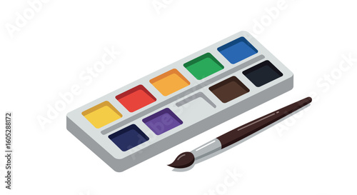 Colorful watercolor set with paintbrush for creative artists and designers