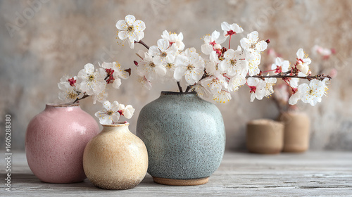 Spring blossoms arranged in elegant vases on a rustic wooden table