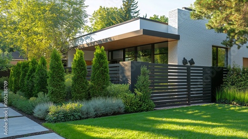 Modern House With Lush Landscaping and Privacy Fence in a Suburban Area Durin...