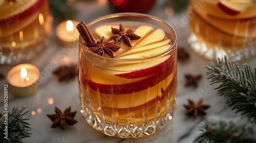 Festive Holiday Drink With Apple Slices and Spices on a Marble Table.