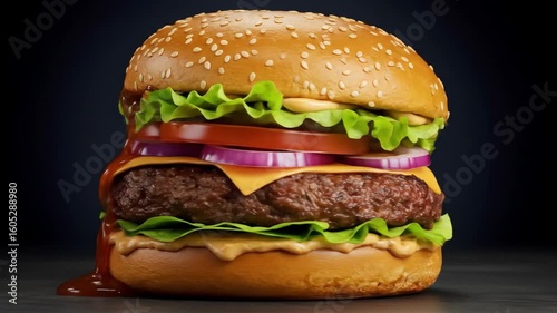 Juicy Cheeseburger with Lettuce, Tomato, and Melted Cheese in a Toasted Bun – Classic American Fast Food Favorite Served Hot and Fresh.
