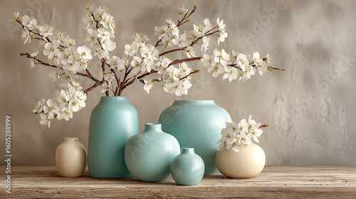 Beautiful display of vases with white blossoms on rustic wooden table