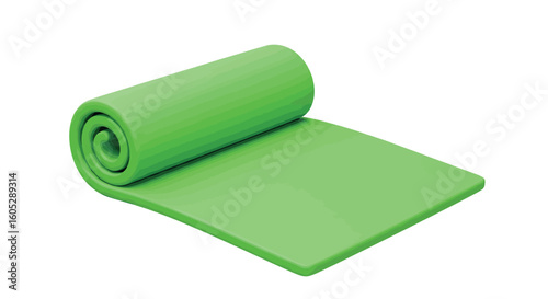 Green yoga mat rollout on white background for fitness and exercise enthusiasts