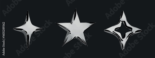 3D Y2K chrome Star sparkle designs in silver glow with sharp pointed edges. Created for futuristic gleam and symmetry with digital polished light. Shiny and vibrant for cosmic visuals.