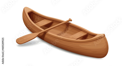 Wooden canoe with paddle on white background
