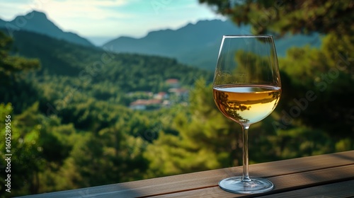 Enjoying a Glass of White Wine in a Serene Mountain Setting During Sunset
