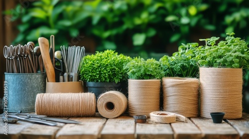 Colorful Yarn Spools and Plants Arranged on a Wooden Table in a Bright Indoor...